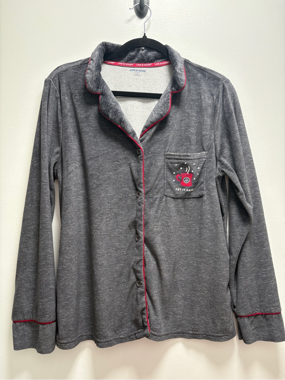 Life is Good- Cozy Gray Holiday Button-Up Pajama Set - Festive Holiday Plans